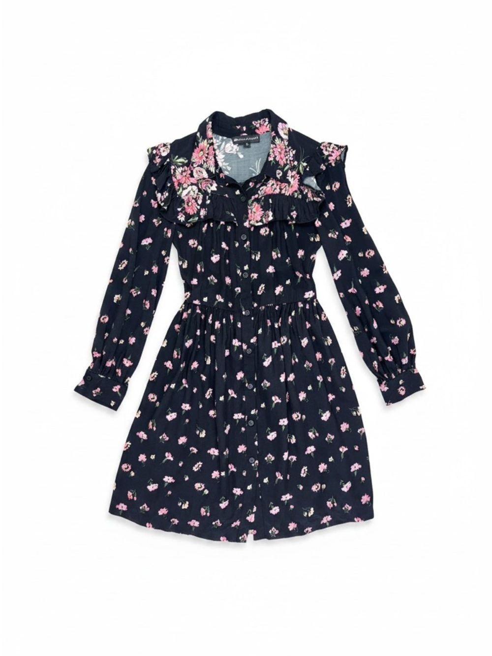 Jill Stuart Navy Floral Long Sleeve Ruffled Dress